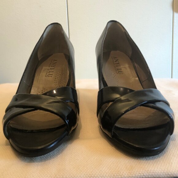 Anyi Lu Daphne black leather wedges w/ woven heels sz 39 - Picture 4 of 12